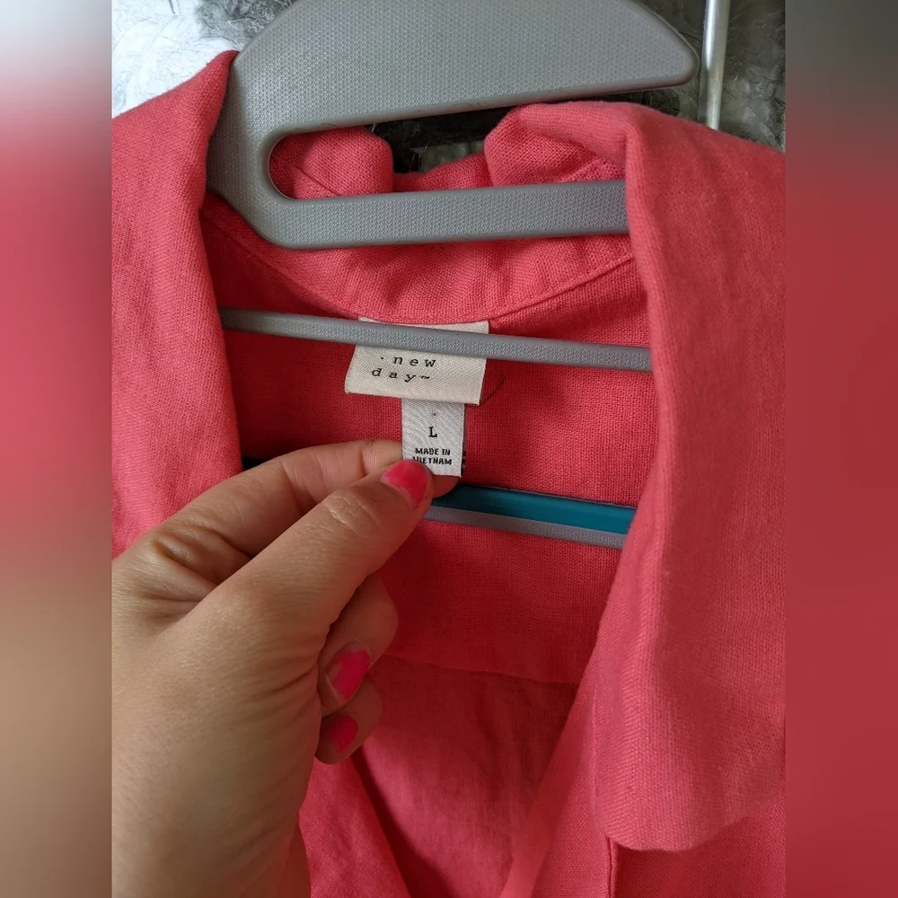 A New Day Linen Short Sleeve Button-Down Boxy Camp Shirt Women's Large Pink - Picture 6 of 11